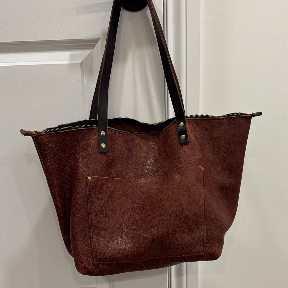 Portland Leather Goods Zippered Brown Leather Tote Bag Nutmeg